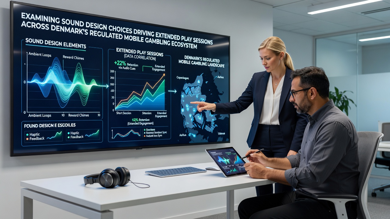 Close-up of sound wave visualization and player session analytics dashboard on a tablet used by Danish gambling operators